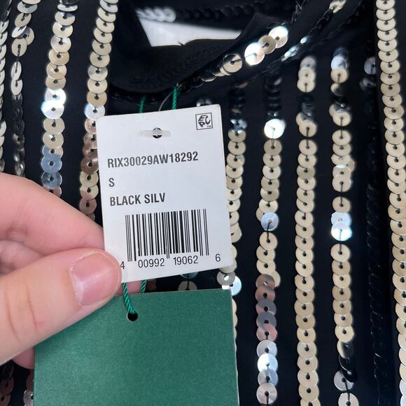 NWT RIXO Moss Black Silver Sequin Stripe Neck Tie Top Size Small Party Holiday - Picture 5 of 10